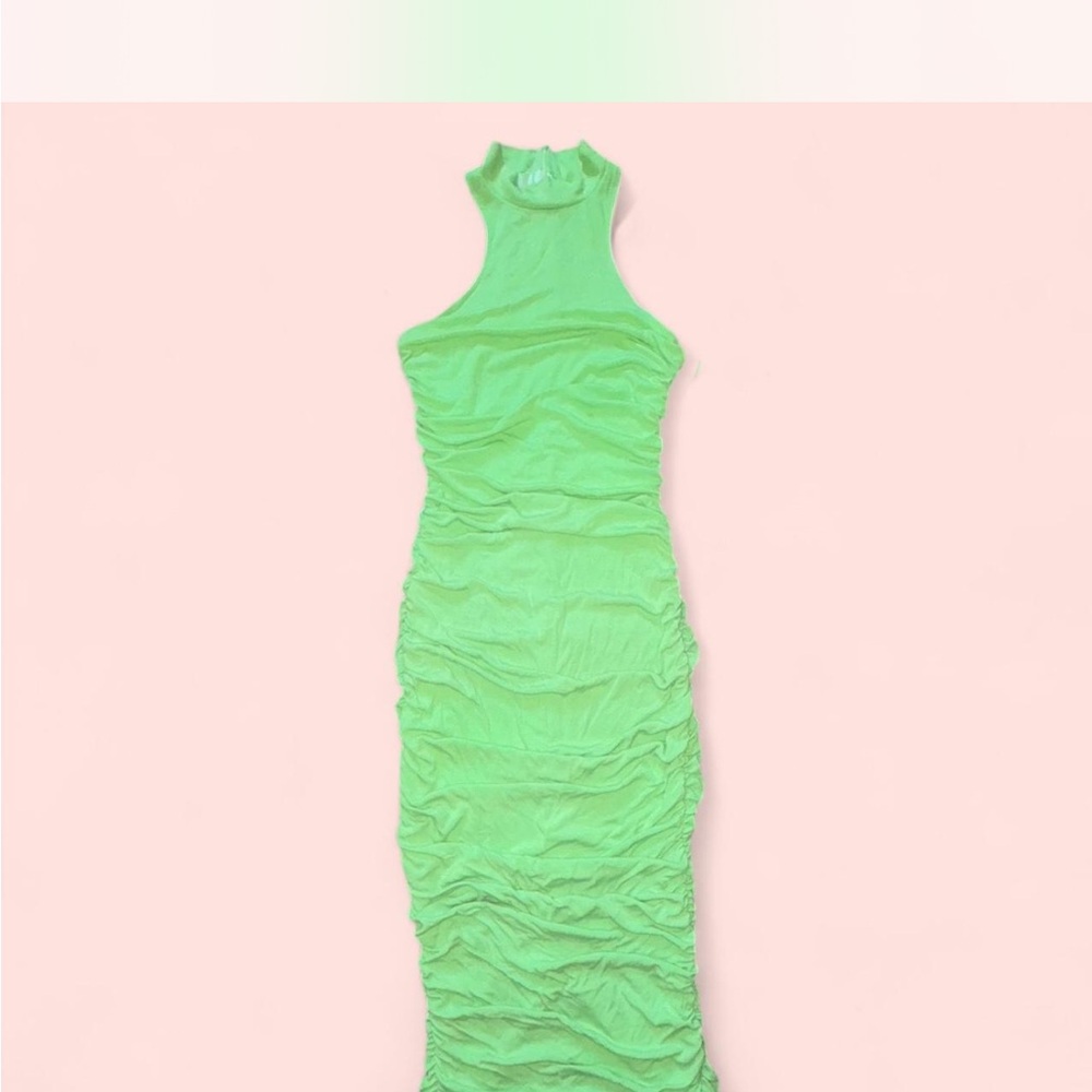 Fashion Nova Green Ruched Halter Bodycon Dress